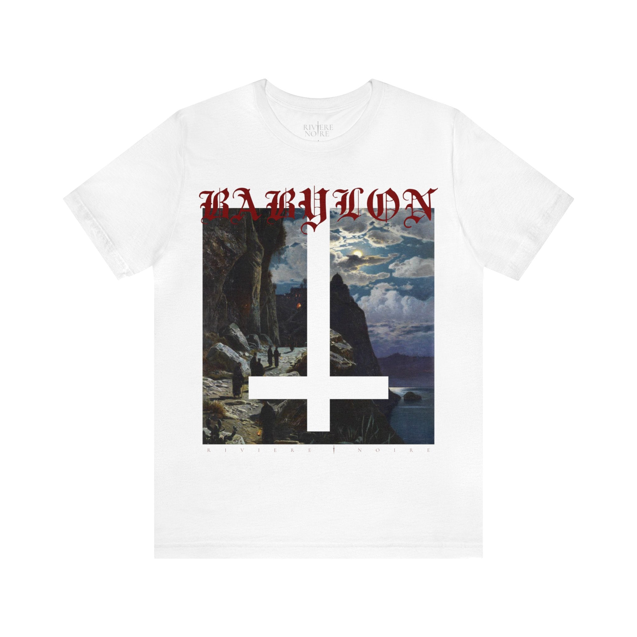 Hermann David Salomon Corrodi’s oil painting Monks Walk To the Mountain Monastery of Athos white a reversed cross printed on white tshirt