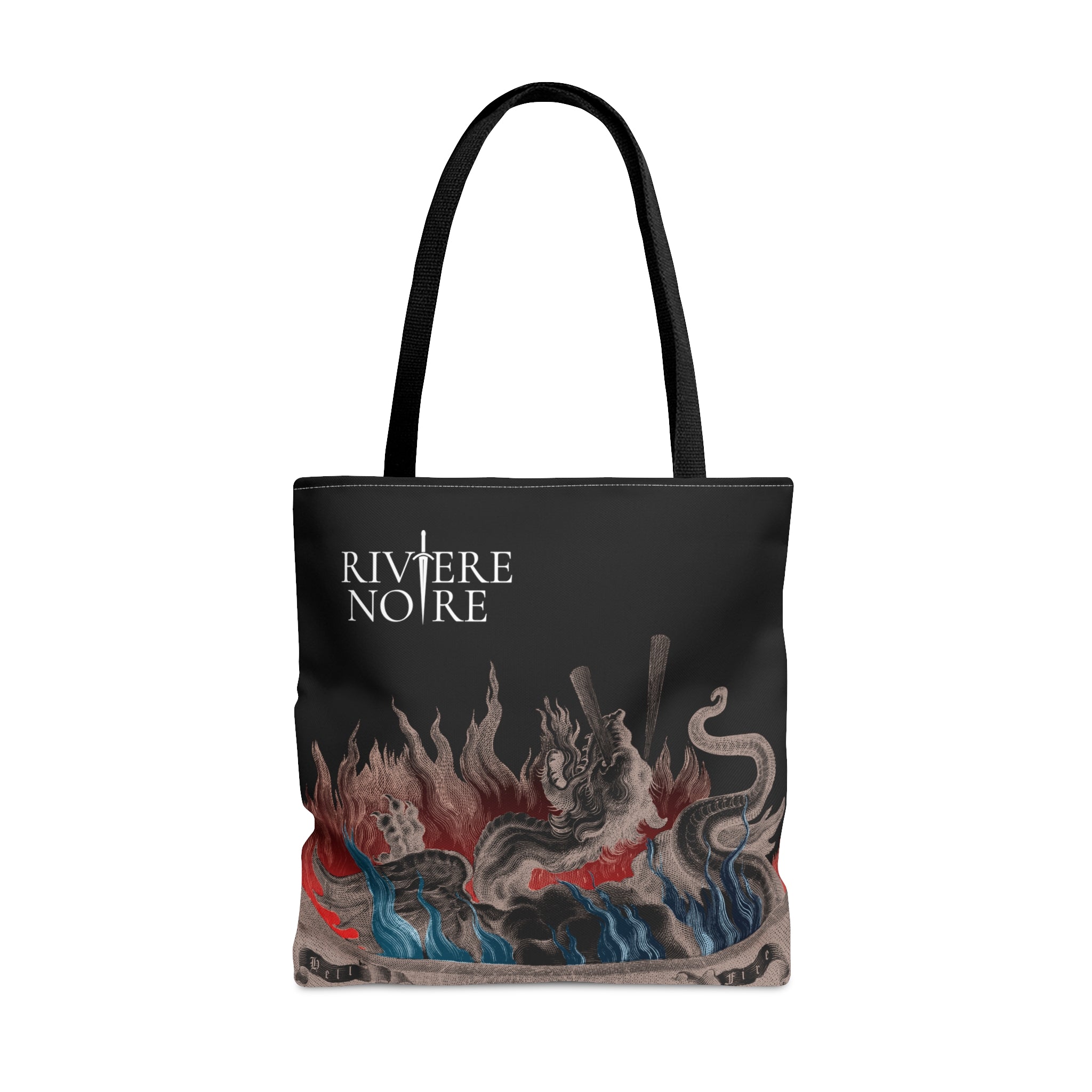 Cauldron Containing a Monster art printed on black tote bag