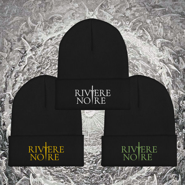 Riviere Noire white, yellow, green logo on embroidery on beanie with Gustave Dore's background Illustration Paradiso Canto 31