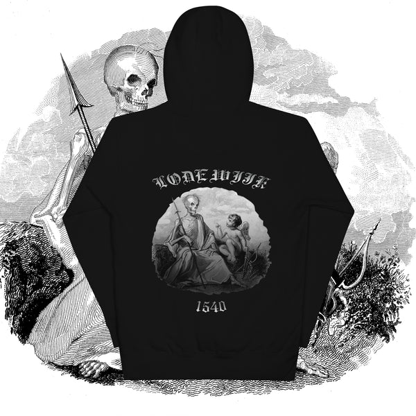 Lodewijk Anthony’s Anor eb de Dood art printed on black hoodie representing conversation between skeleton and baby