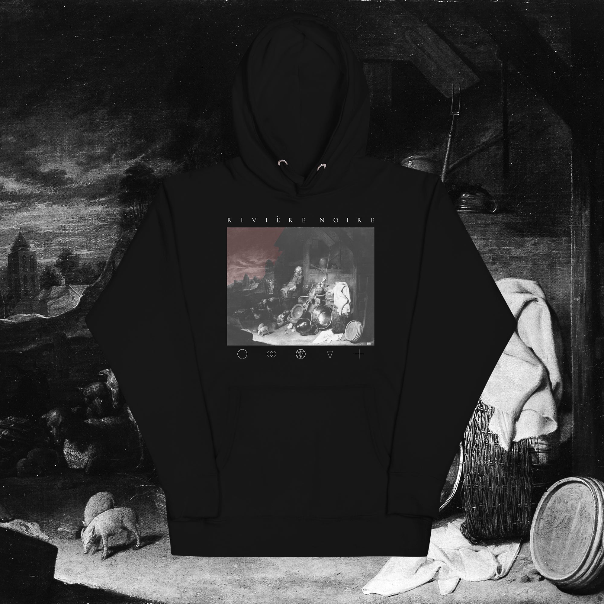 David Ryckaert III’s The Yard of the Dry Bones oil canva printed on black hoodie. The painting demonstrates agonizing peasant.