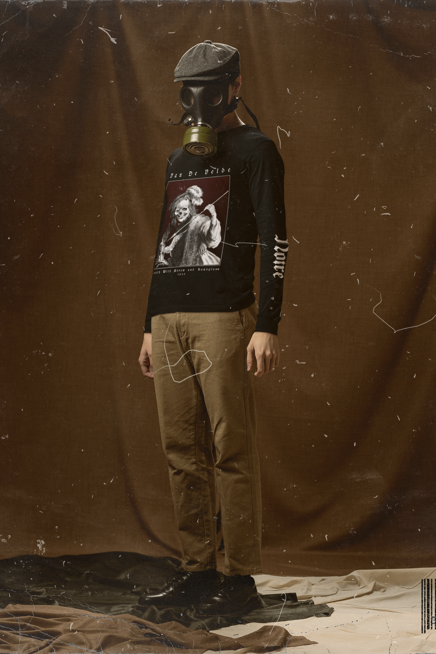 Men wearing Jan van de Velde II Death with Arrow and Hourglass art printed on black longsleeve. The painting represent skeleton with arrow in left hand.