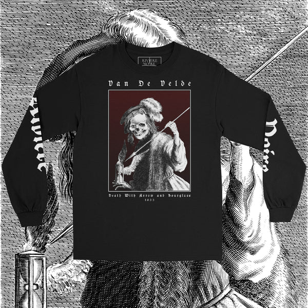 Jan van de Velde II Death with Arrow and Hourglass art printed on black longsleeve. The painting represent skeleton with arrow in left hand.