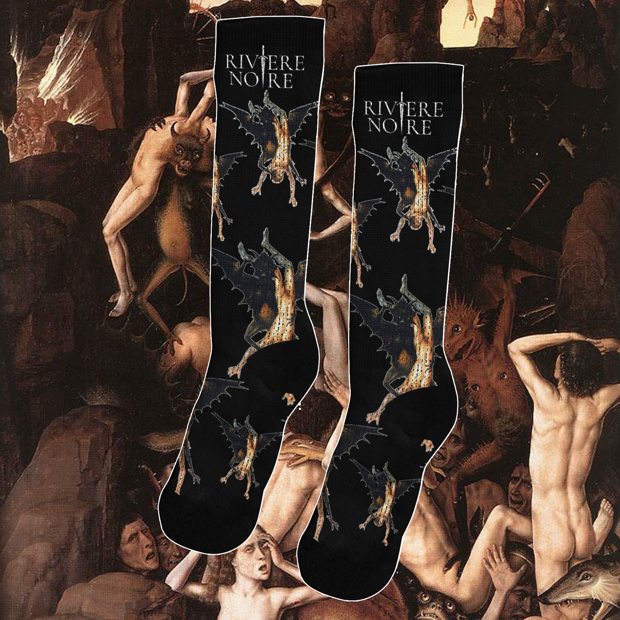 Peter Paul Rubens’s The Fall of the Damned oil on panel painting printed on black socks. Repeating pattern of man and creature