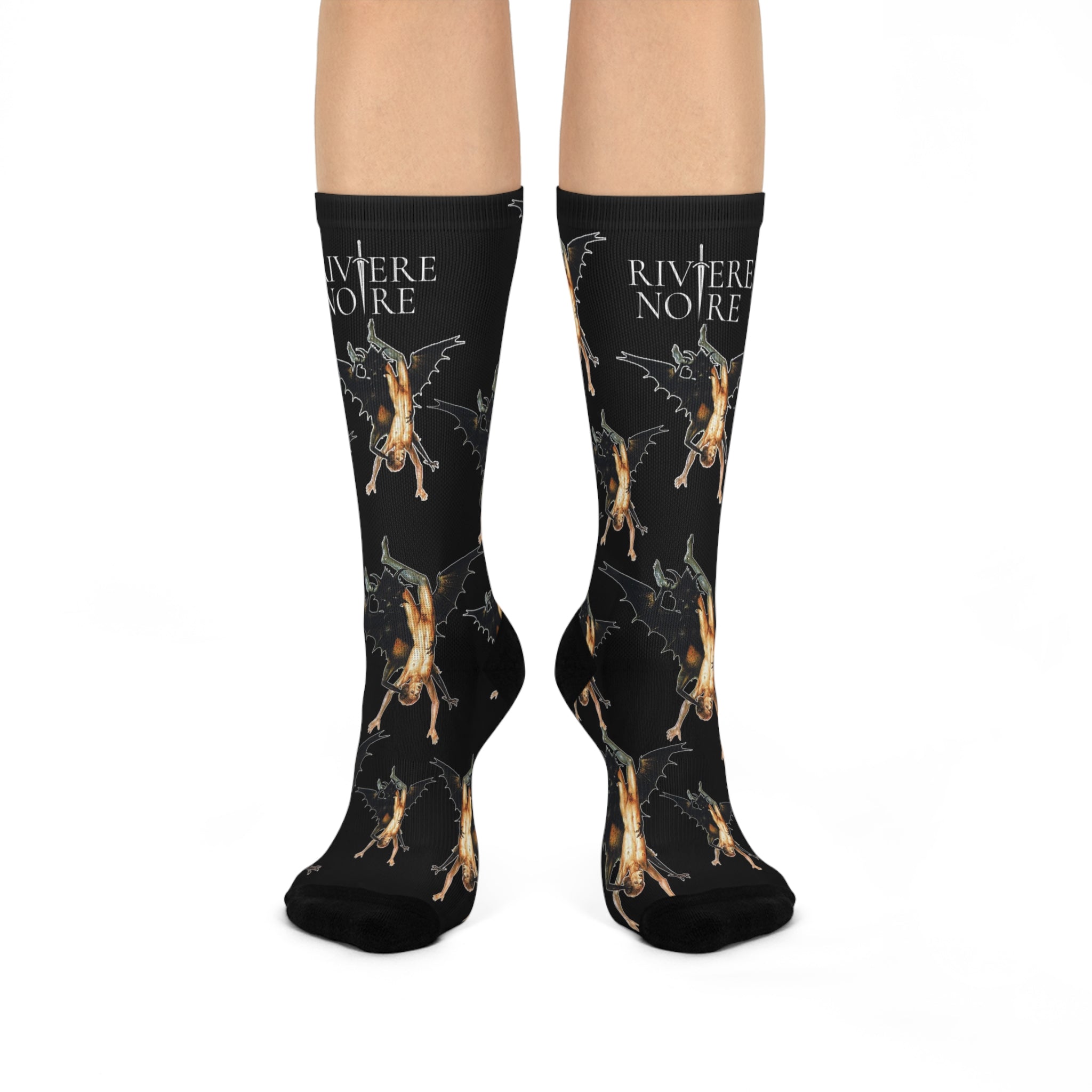 Peter Paul Rubens’s The Fall of the Damned oil on panel painting printed on black socks. Repeating pattern of man and creature. Socks display on foot model