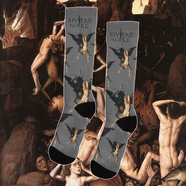 Peter Paul Rubens’s The Fall of the Damned oil on panel painting printed on gray socks. Repeating pattern of man and creature