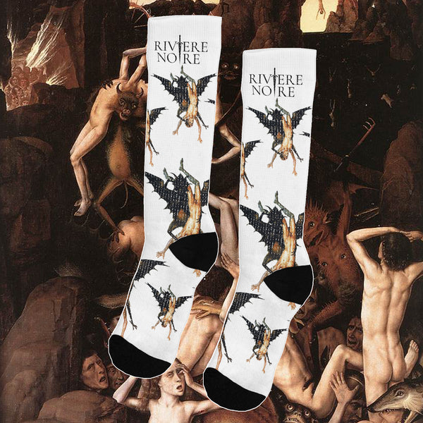 Peter Paul Rubens’s The Fall of the Damned oil on panel painting printed on white socks. Repeating pattern of man and creature.