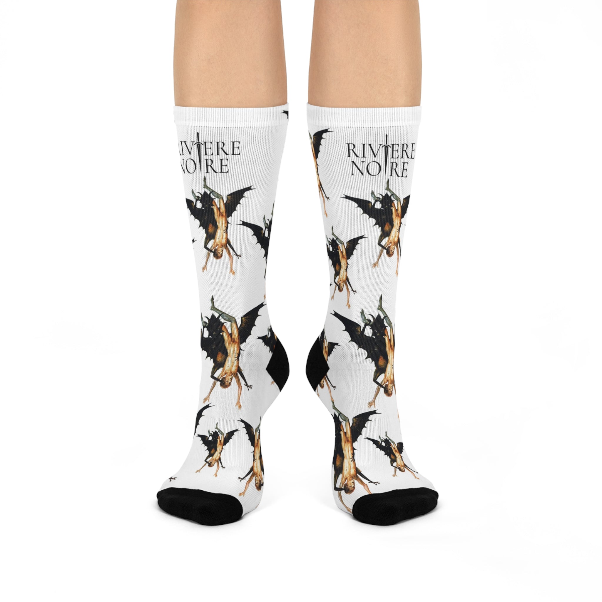 Peter Paul Rubens’s The Fall of the Damned oil on panel painting printed on white socks. Repeating pattern of man and creature.