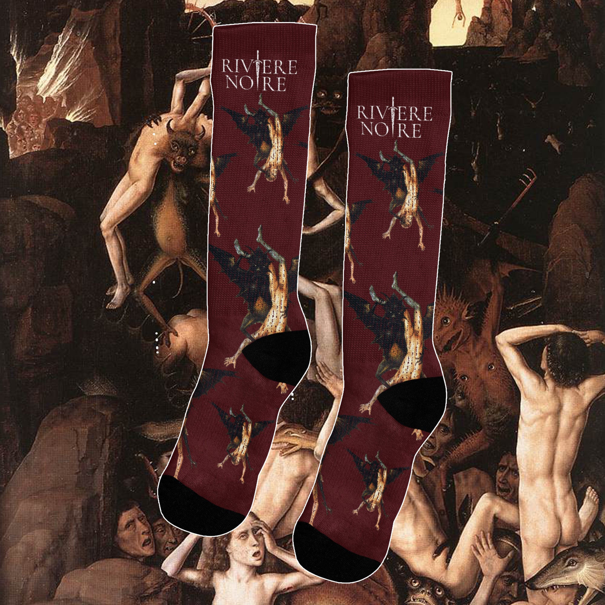 Peter Paul Rubens’s The Fall of the Damned oil on panel painting printed on red socks. Repeating pattern of man and creature.