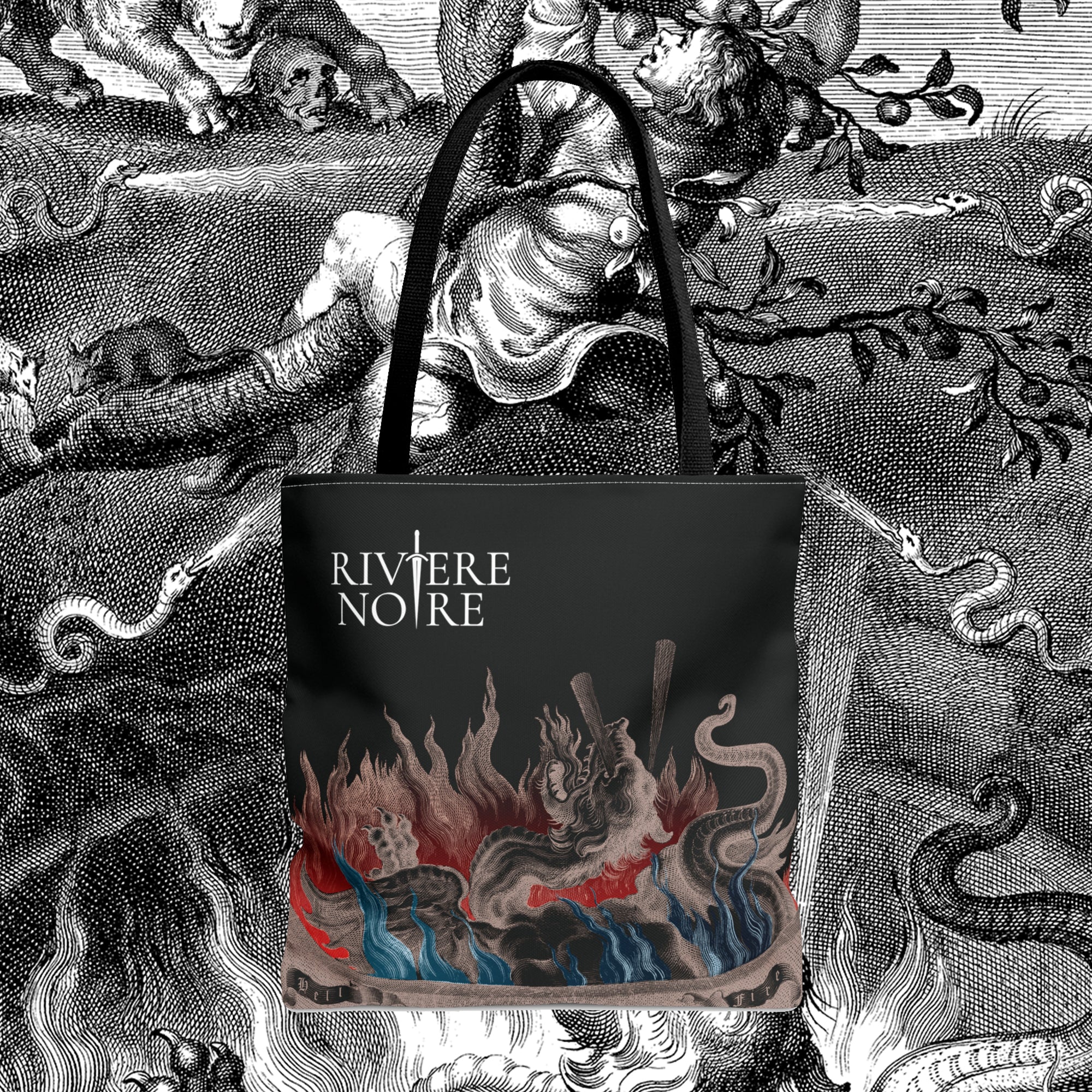 Cauldron Containing a Monster art printed on black tote bag