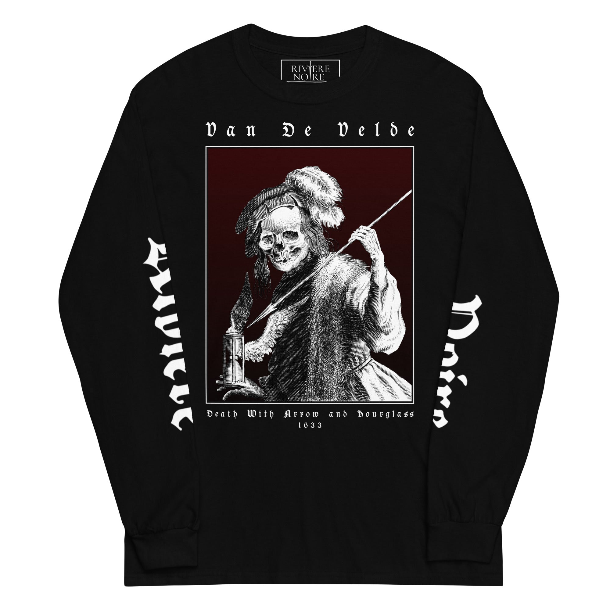 Jan van de Velde II Death with Arrow and Hourglass art printed on black longsleeve. The painting represent skeleton with arrow in left hand.